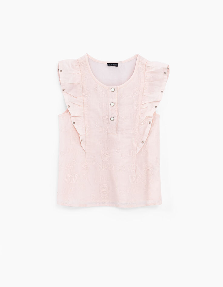 Blouse rose pâle avec volants et broderies fille-2