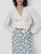 Blouse cache cœur écru à nouer finition clous bijoux femme-2