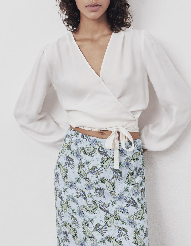 Blouse cache cœur écru à nouer finition clous bijoux femme-2