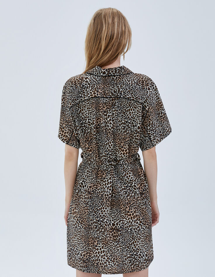Women’s cognac shirt dress with baby leopard print-2