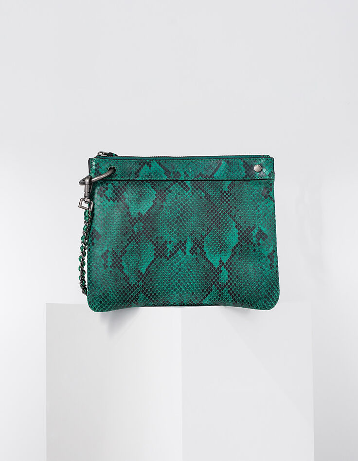 Sac double pochette Reporter cuir vert effet serpent femme-3