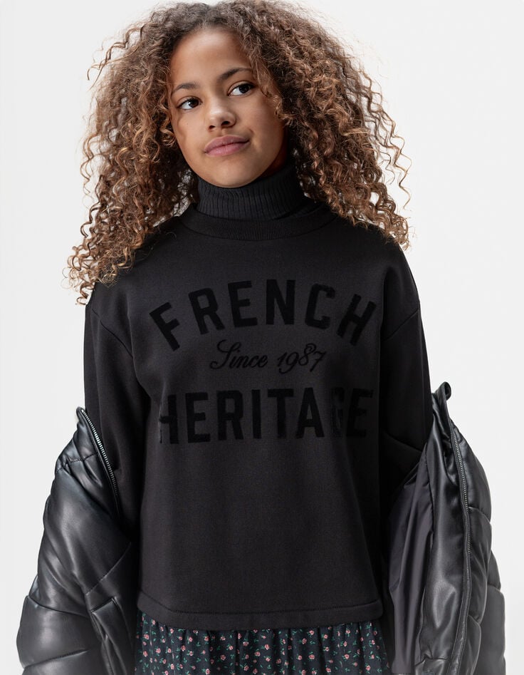 Girls’ black mixed fabric sweatshirt dress, flower print-6 Girls’ black mixed fabric sweatshirt dress, flower print-6