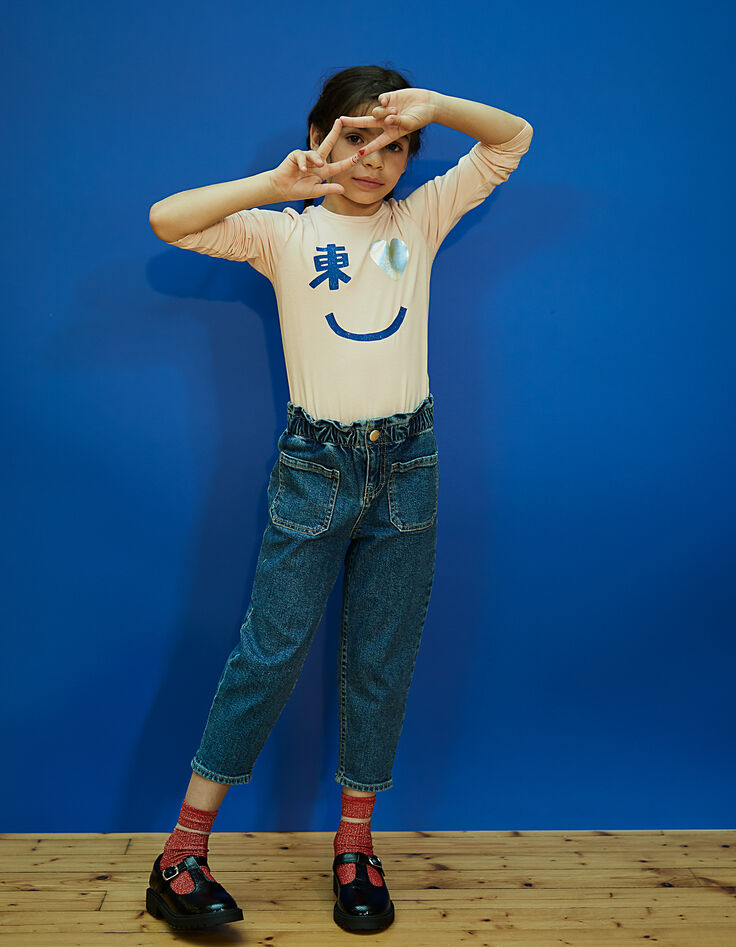 Tee-shirt rose poudré à visuel smiley tokyoïte fille -2 Tee-shirt rose poudré à visuel smiley tokyoïte fille -2