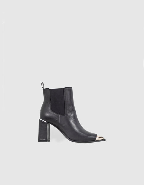Women’s black leather heeled Chelsea boots with metal tip
