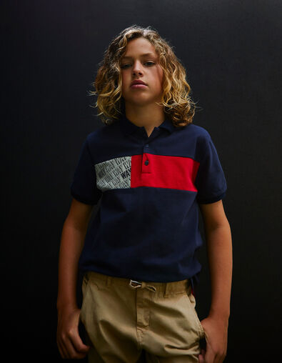 Boys’ navy polo with grey, white and red band  - IKKS