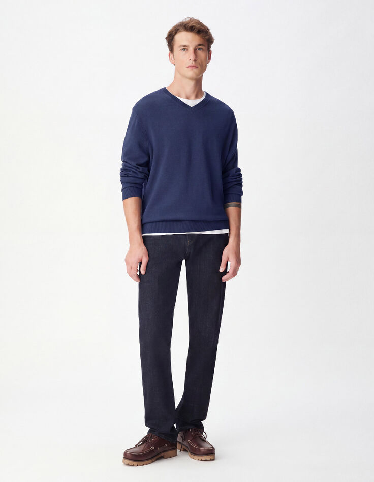 Marineblauwe herentrui met V-hals, 100% wol-3