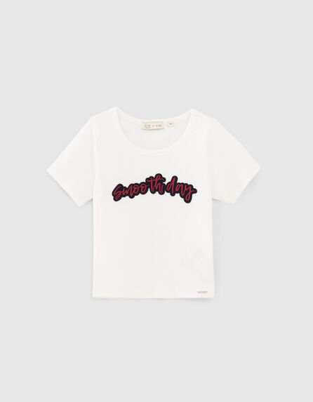 Girls’ ecru embroidered slogan cropped T-shirt