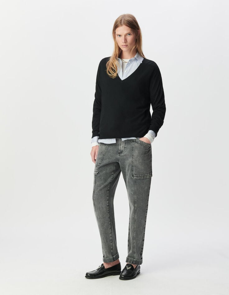 Schwarzer Damenfeinstrickpulli Fischgräten Strass hinten-1 Schwarzer Damenfeinstrickpulli Fischgräten Strass hinten-1