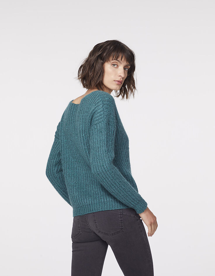 Pull vert col V laine mousseuse métallisée femme-3