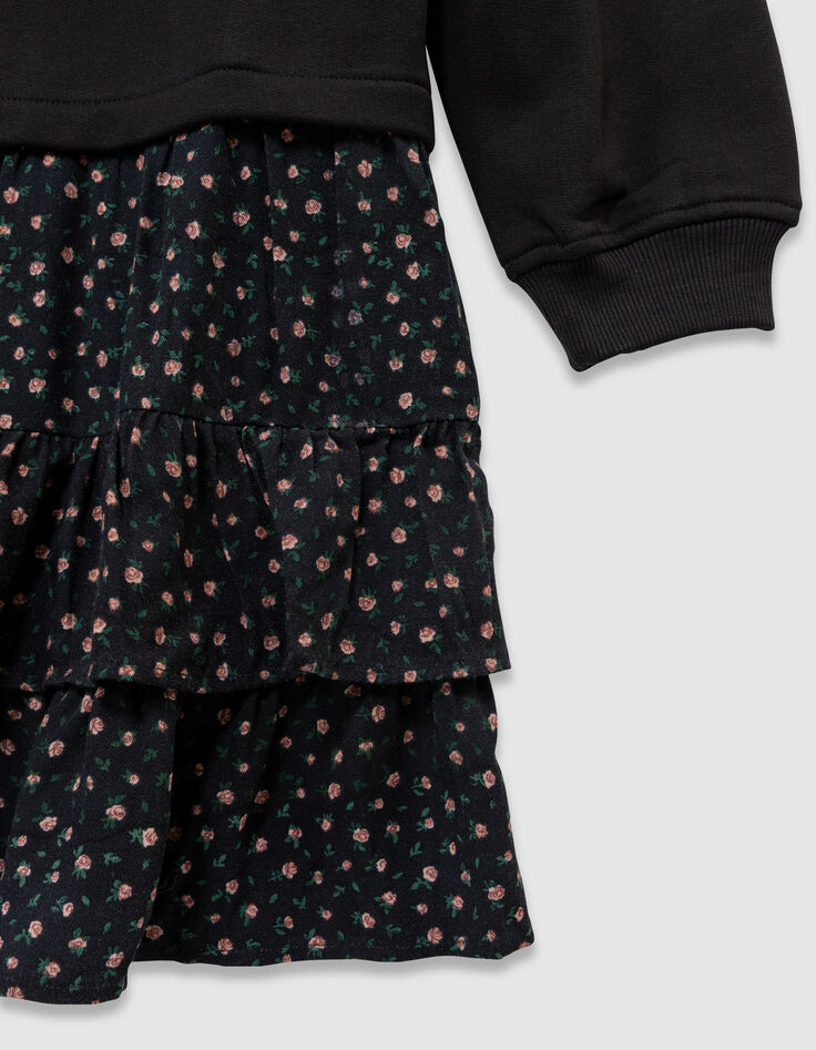 Girls’ black mixed fabric sweatshirt dress, flower print-5 Girls’ black mixed fabric sweatshirt dress, flower print-5