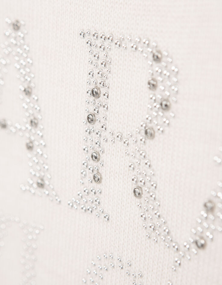 Pull blanc cass&eacute; tricot message strass Femme-7