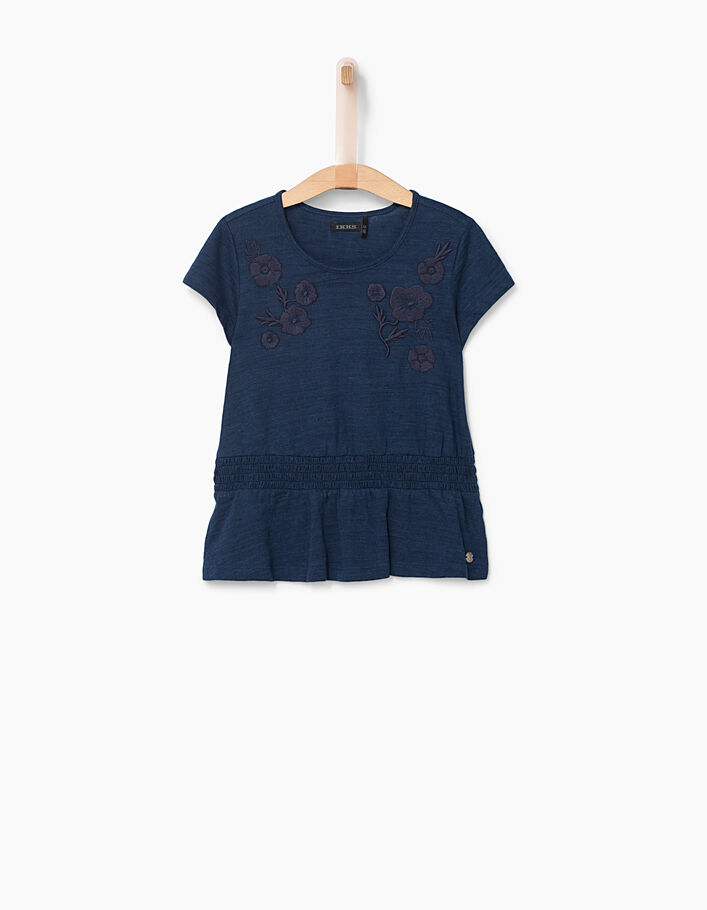 Girls’ smocked indigo T-shirt, floral embroidery - IKKS
