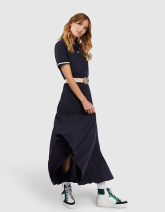 I.Code navy pique knit pleated long dress