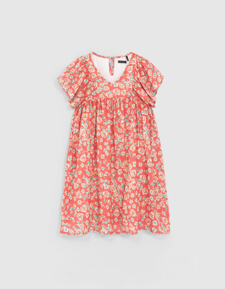 Koraalrode jurk bloemenprint volantmouwen meisjes