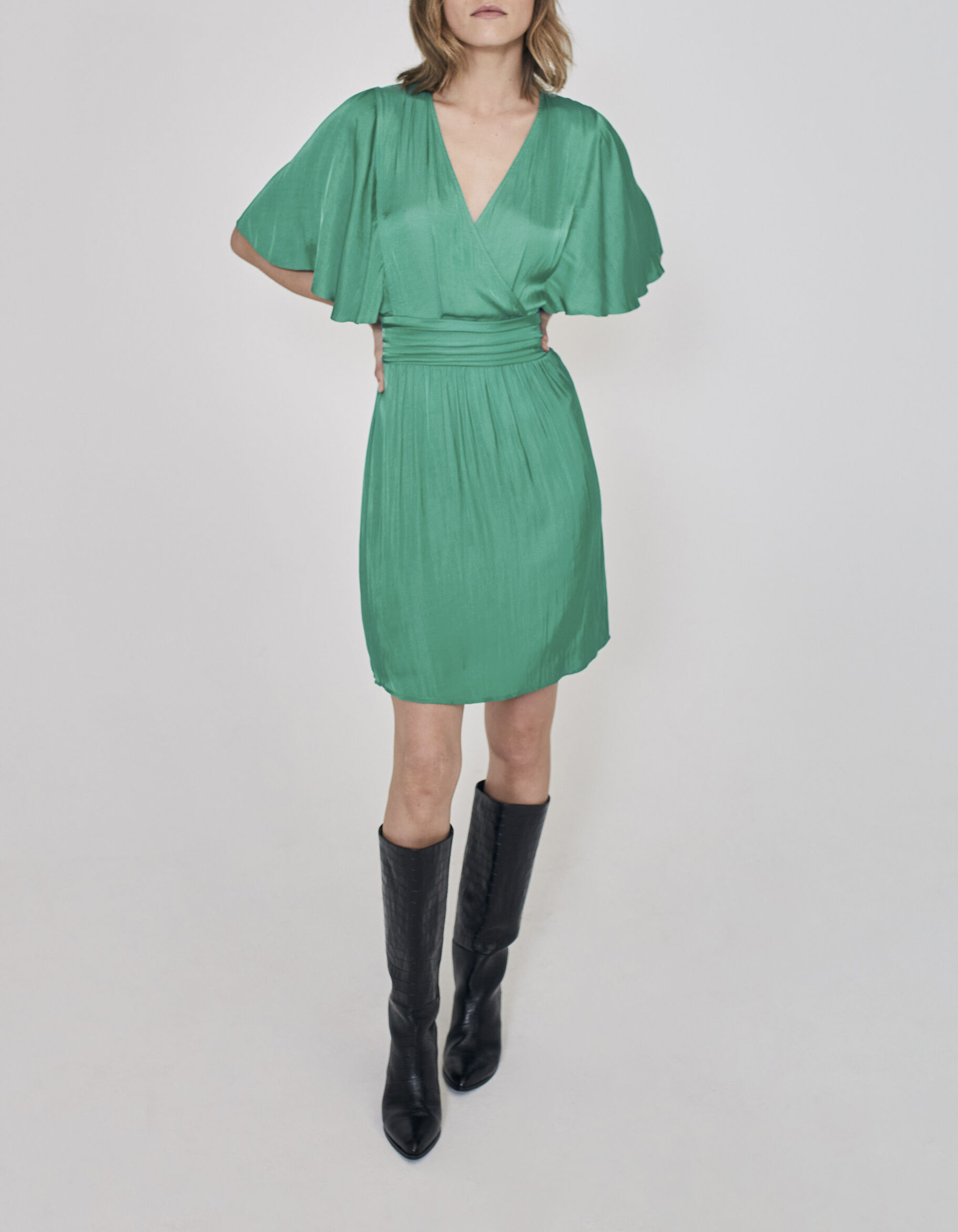 Robe verte satin e recycl e avec ceinture drap e Femme