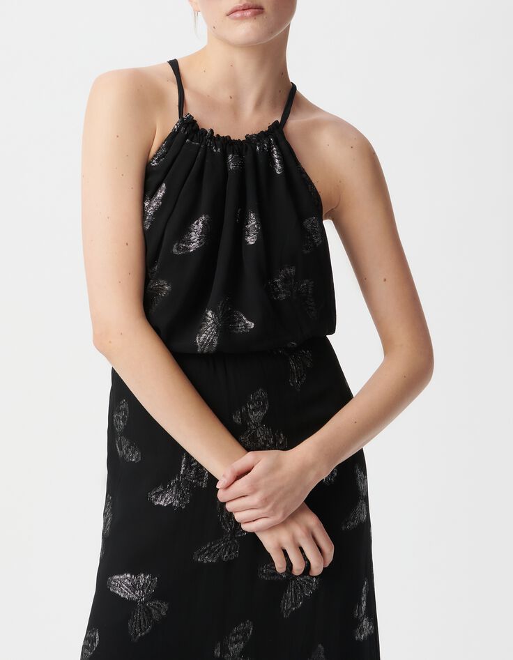 Robe longue noire jacquard lurex papillons Femme-5