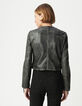 Schwarze Bikerjacke aus gewaschenem Leder mit Reißverschlusstaschen Damen-3