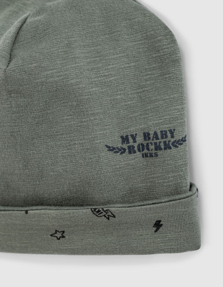 Baby’s khaki+rock print organic cotton reversible beanie-5
