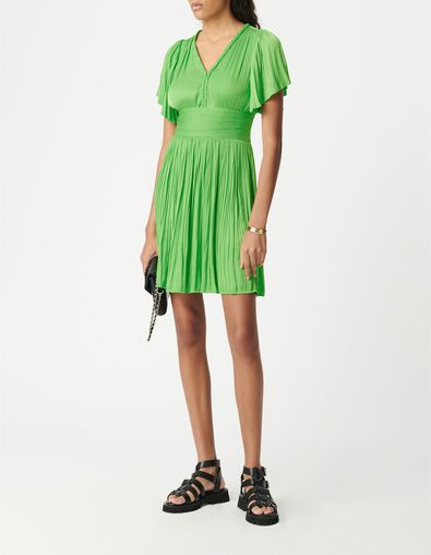 Robe courte verte satin&eacute;e pliss&eacute;e Femme - IKKS