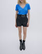 Top bleu bi matière encolure bords-côtes rayés Femme-1