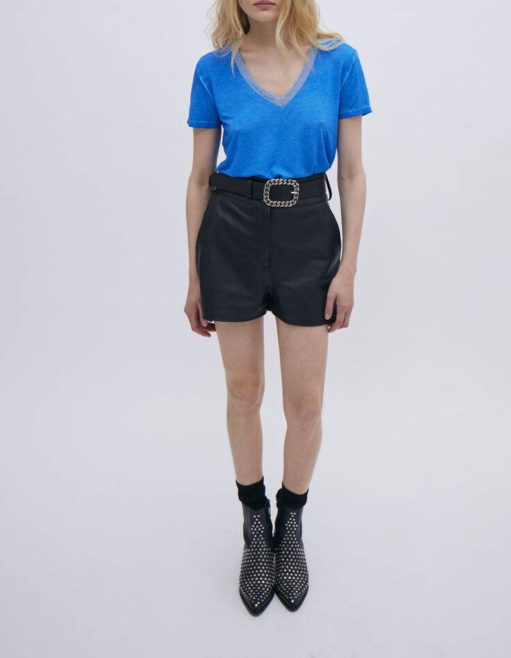 Top bleu bi matière encolure bords-côtes rayés Femme-1 Top bleu bi matière encolure bords-côtes rayés Femme-1