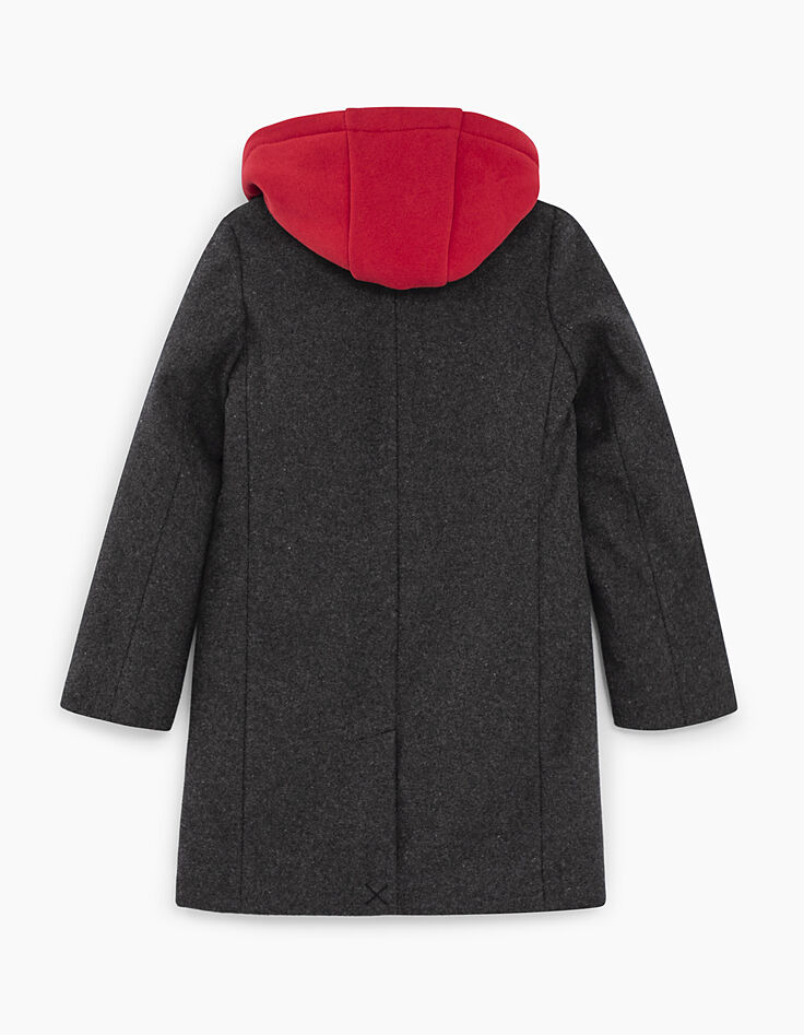 Girls’ grey coat, removable red sweatshirt fabric hood-5