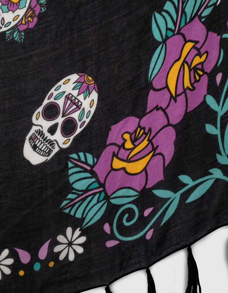 Fijne vierkante sjaal doodshoofden en kleurige bloemen-3