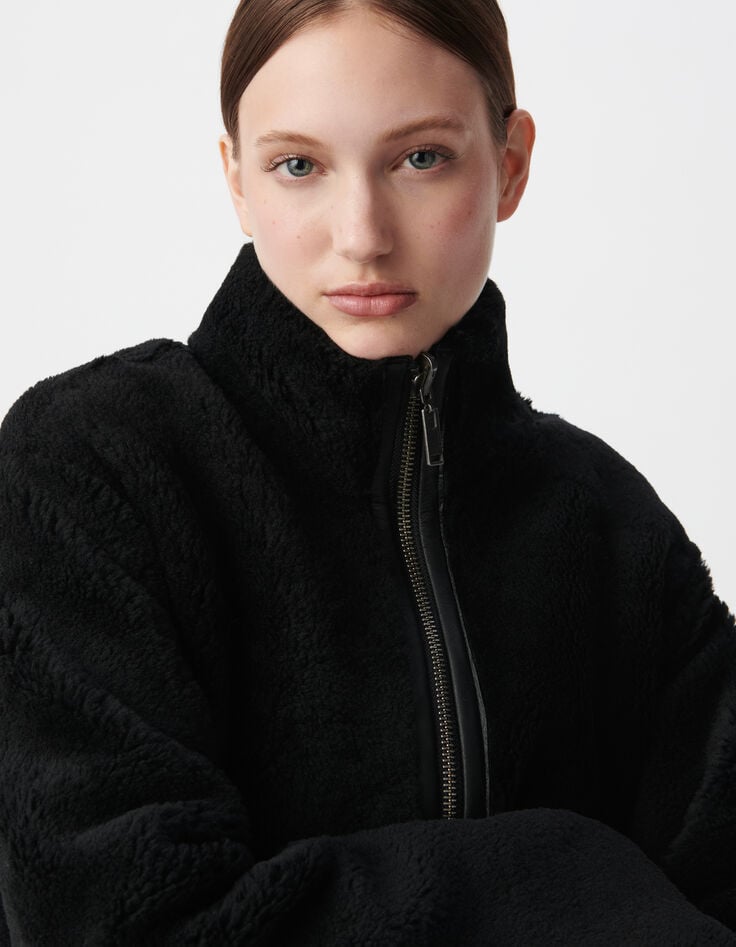 Manteau noir mi-long peau retournée Femme-5