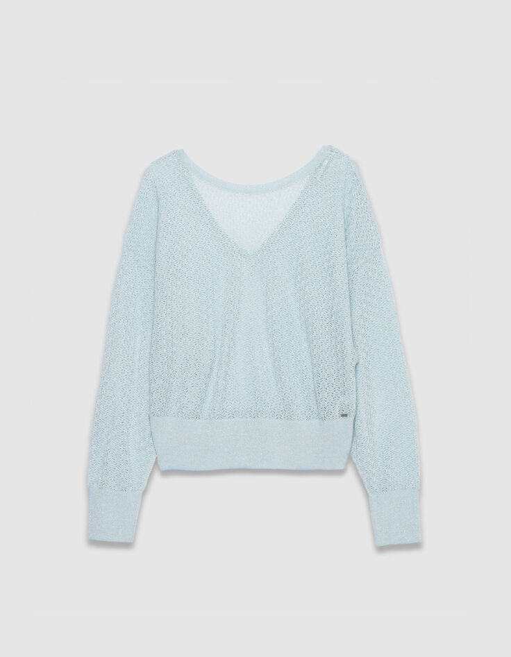 Pull chic bleu tricot fantaisie paillet&eacute; ajour&eacute; Femme-6