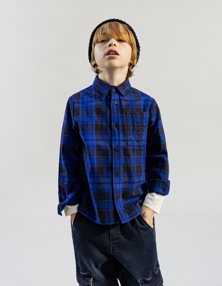 Camisa de cuadros azules con capucha de niño extraíble-2