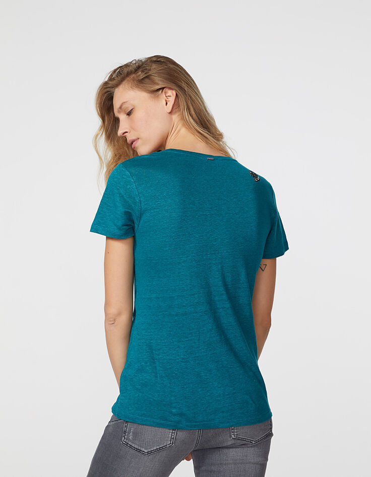 Women’s emerald linen V-neck T-shirt with tiger on back-2