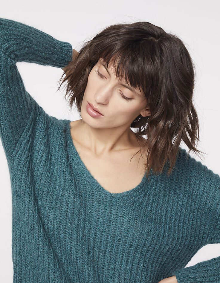 Pull vert col V laine mousseuse métallisée femme-4