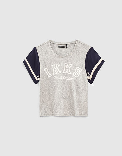 Girls’ grey and navy organic mixed-fabric T-shirt - IKKS