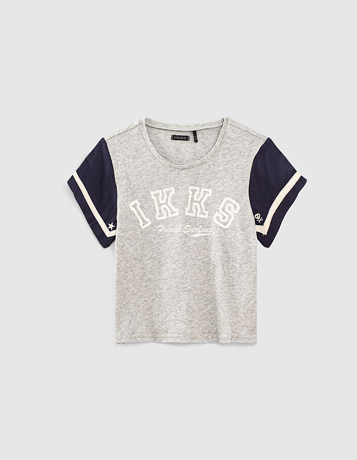 Girls’ grey and navy organic mixed-fabric T-shirt - IKKS