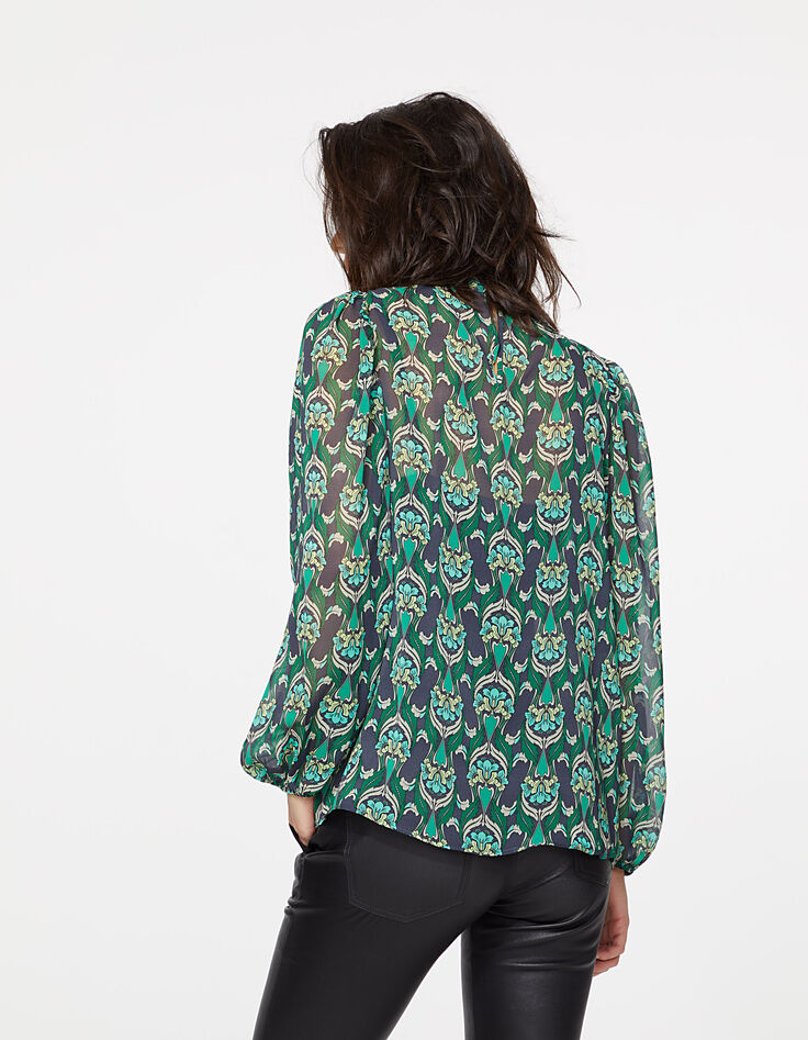 Blouse col montant lavalière voile imprimé peacock femme-3