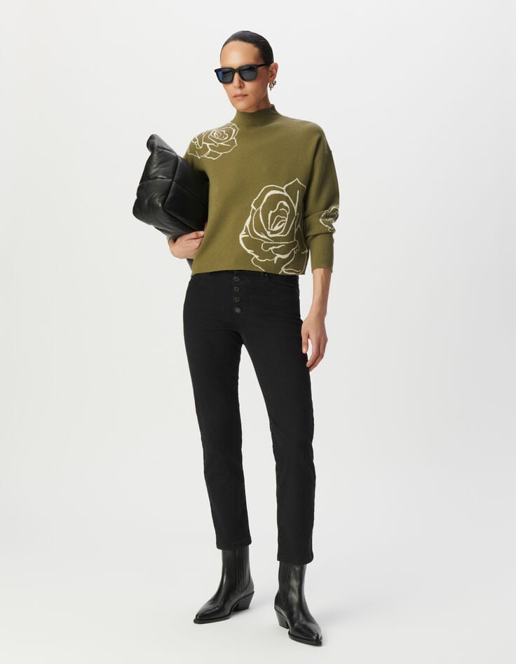 Jersey cuello alto verde punto jacquard rosas mujer-1 Jersey cuello alto verde punto jacquard rosas mujer-1