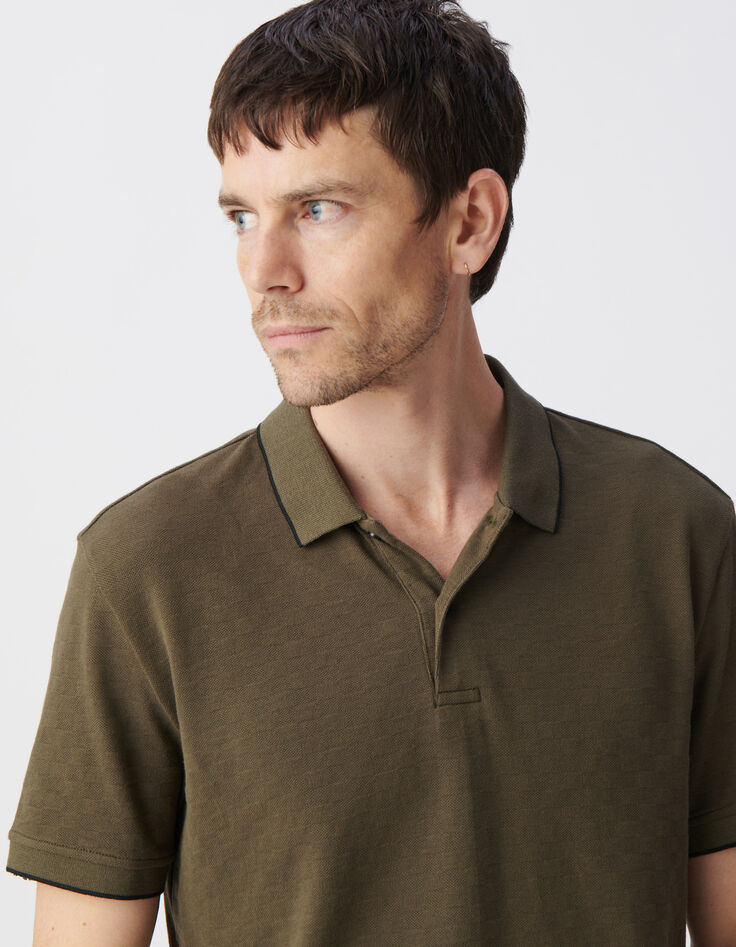 Polo caqui algodón punto jacquard relieve damero hombre-4
