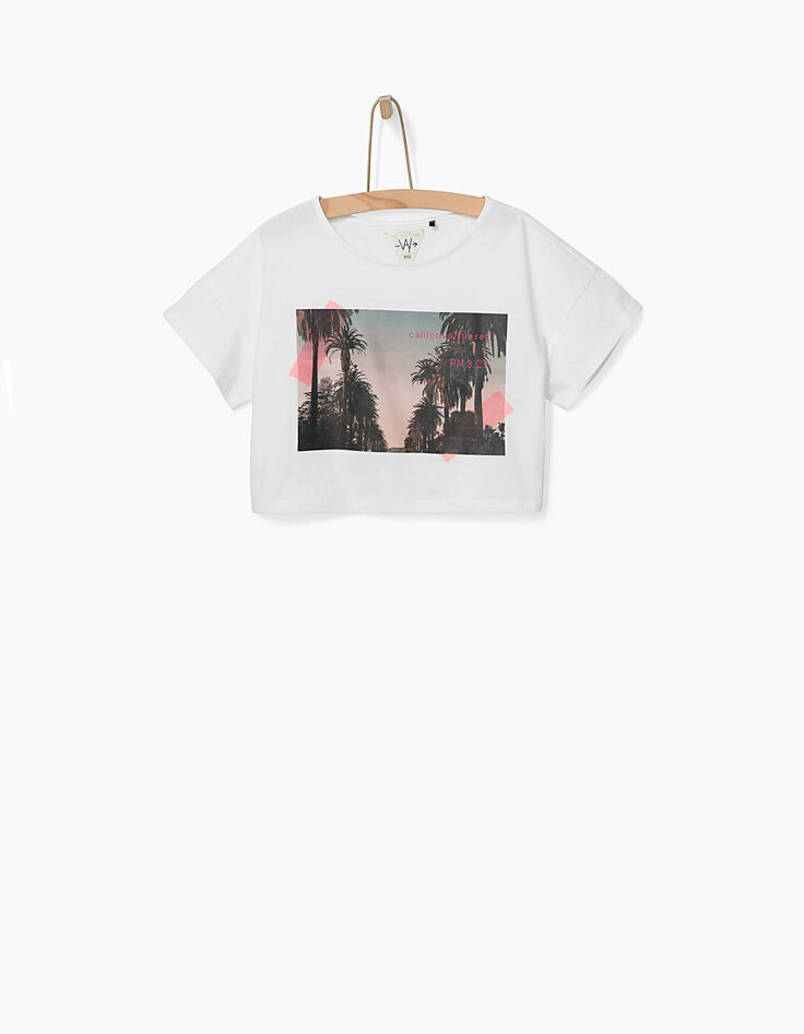 Tee-shirt cropped blanc cass&eacute; &agrave; palmiers fille-2