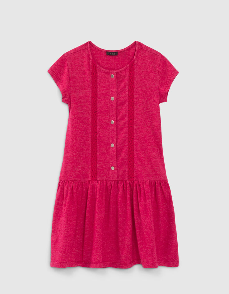 Girls’ fuchsia pink T-shirt dress, press studs down front-1