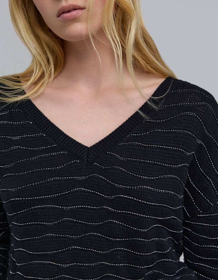 Pull noir devant/dos tricot rayures lurex Femme-4