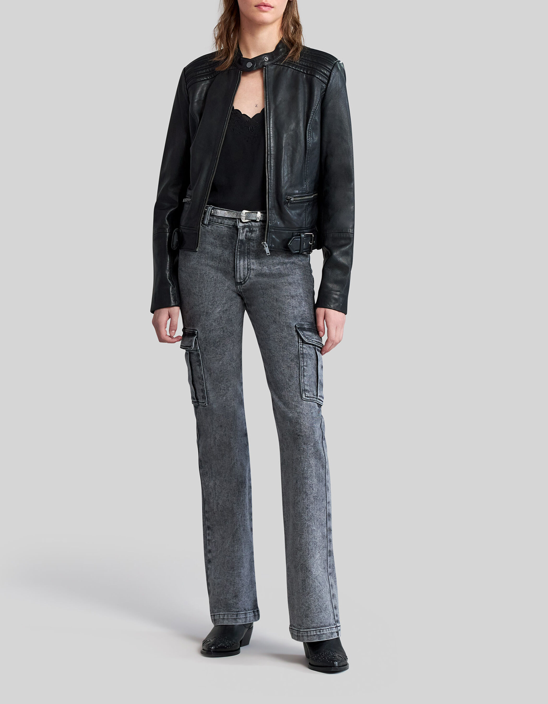 Women s black leather fitted jacket with quilted shoulders IKKS