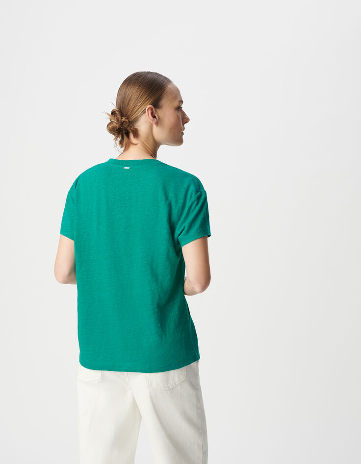 Tee-shirt col V turquoise maille de lin Femme-3