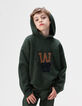 Pull à capuche vert tricot visuel chien garçon-1