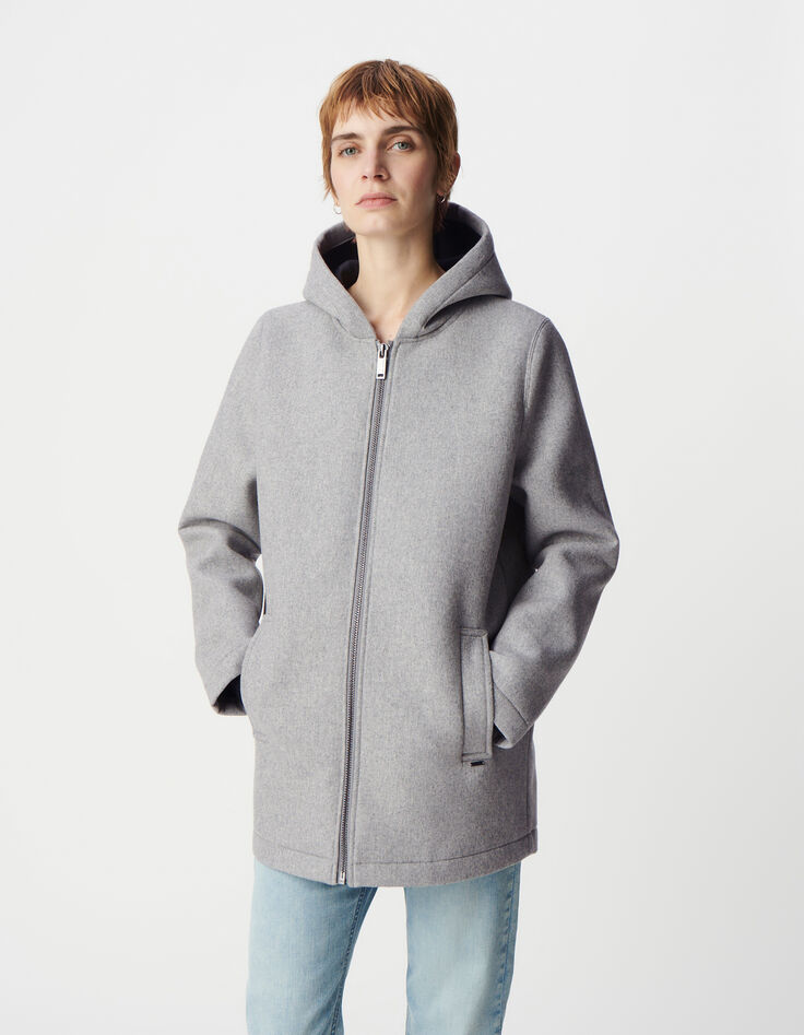 Grauer Mantel mit Kapuze aus Flanellwolle für Damen-3