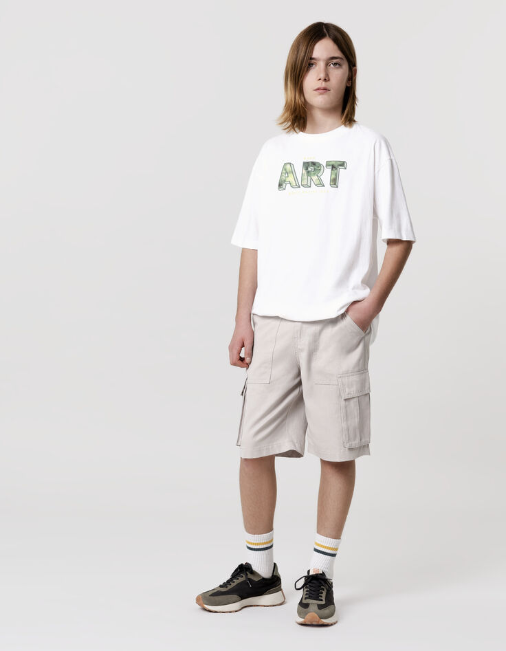 T-shirt blanc coton bio maxi message pixellisé garçon-1
