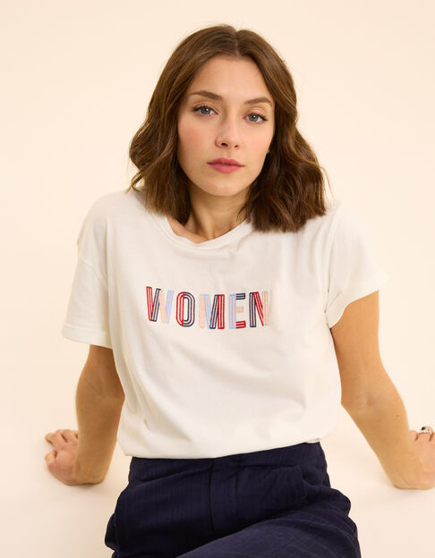 I.Code white short-sleeved T-shirt with embroidered slogan