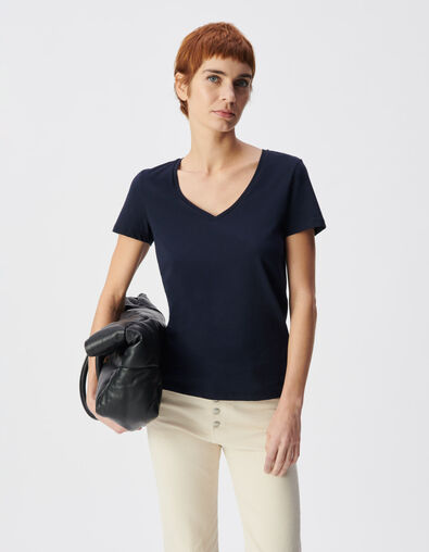 Women's navy chevron embroidery back V-neck tee-shirt - IKKS
