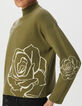 Jersey cuello alto verde punto jacquard rosas mujer-4