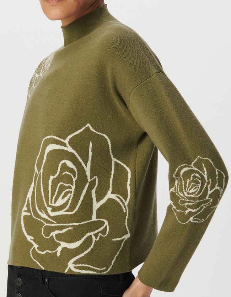 Jersey cuello alto verde punto jacquard rosas mujer-4