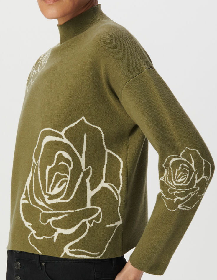 Jersey cuello alto verde punto jacquard rosas mujer-4 Jersey cuello alto verde punto jacquard rosas mujer-4